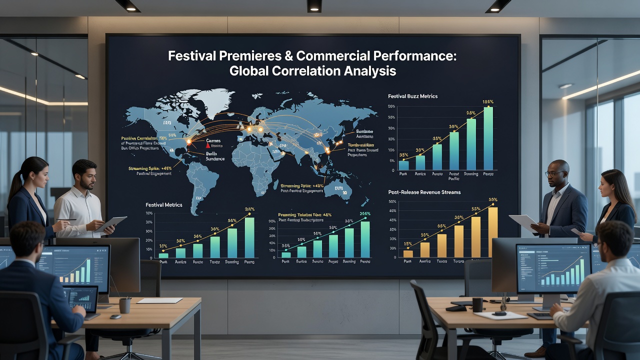 Cinema box office charts and global distribution maps displayed on a digital screen in a film market setting