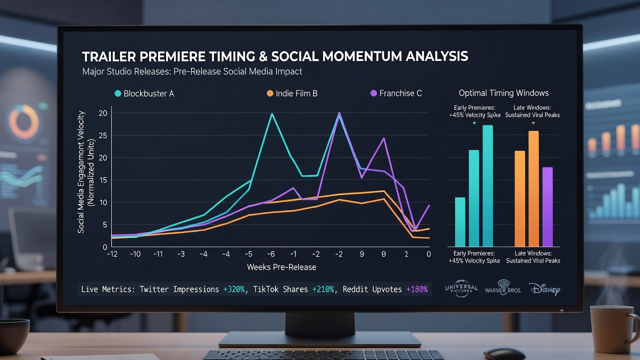 Studio marketing teams reviewing social media analytics dashboards for upcoming film trailers