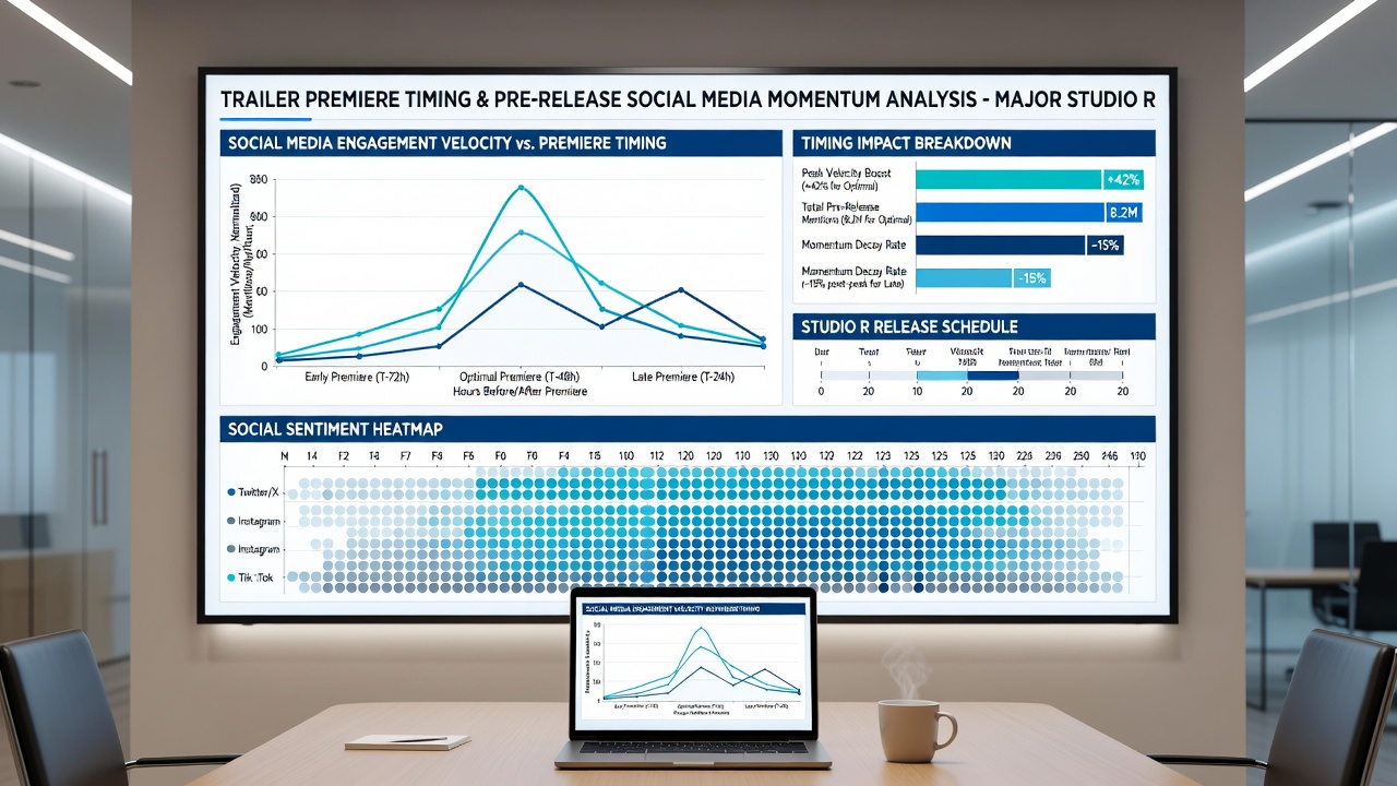 Marketing analysts examining engagement graphs from multiple social platforms during a trailer campaign