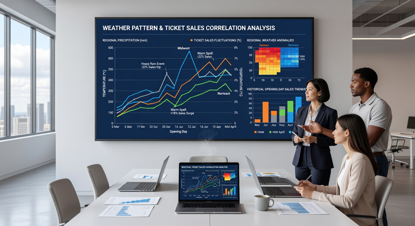 Charts displaying temperature and precipitation data against ticket sales percentages for multiple opening weekends