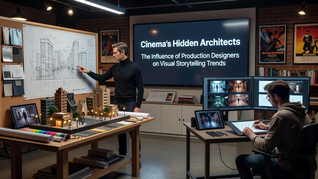 Production designer reviewing detailed set blueprints and concept art for a major film production