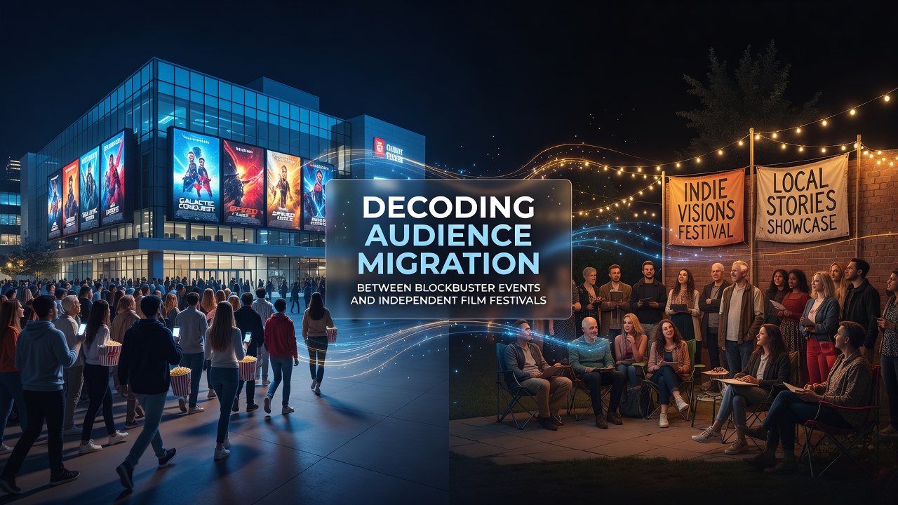 Cinema audience moving between large theater screenings and smaller festival venues