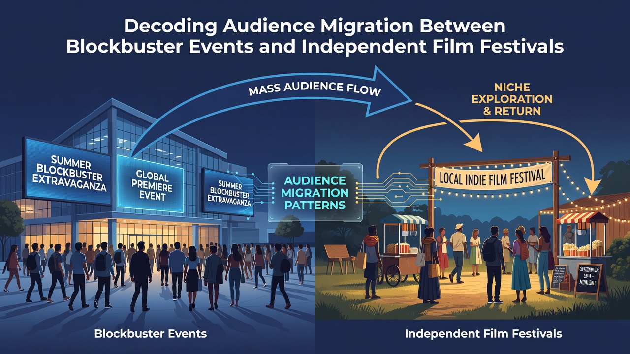 Festival goers at an independent film event alongside promotional materials for major releases