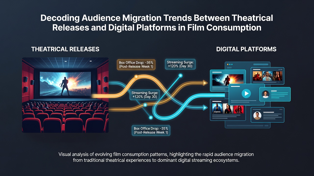 Audience members watching a film in a modern theater setting with digital streaming icons overlaid