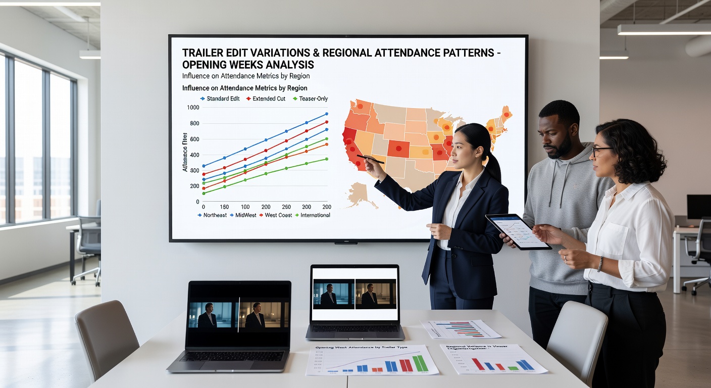 Regional cinema graphs and attendance charts overlaid on a world map showing trailer influence zones