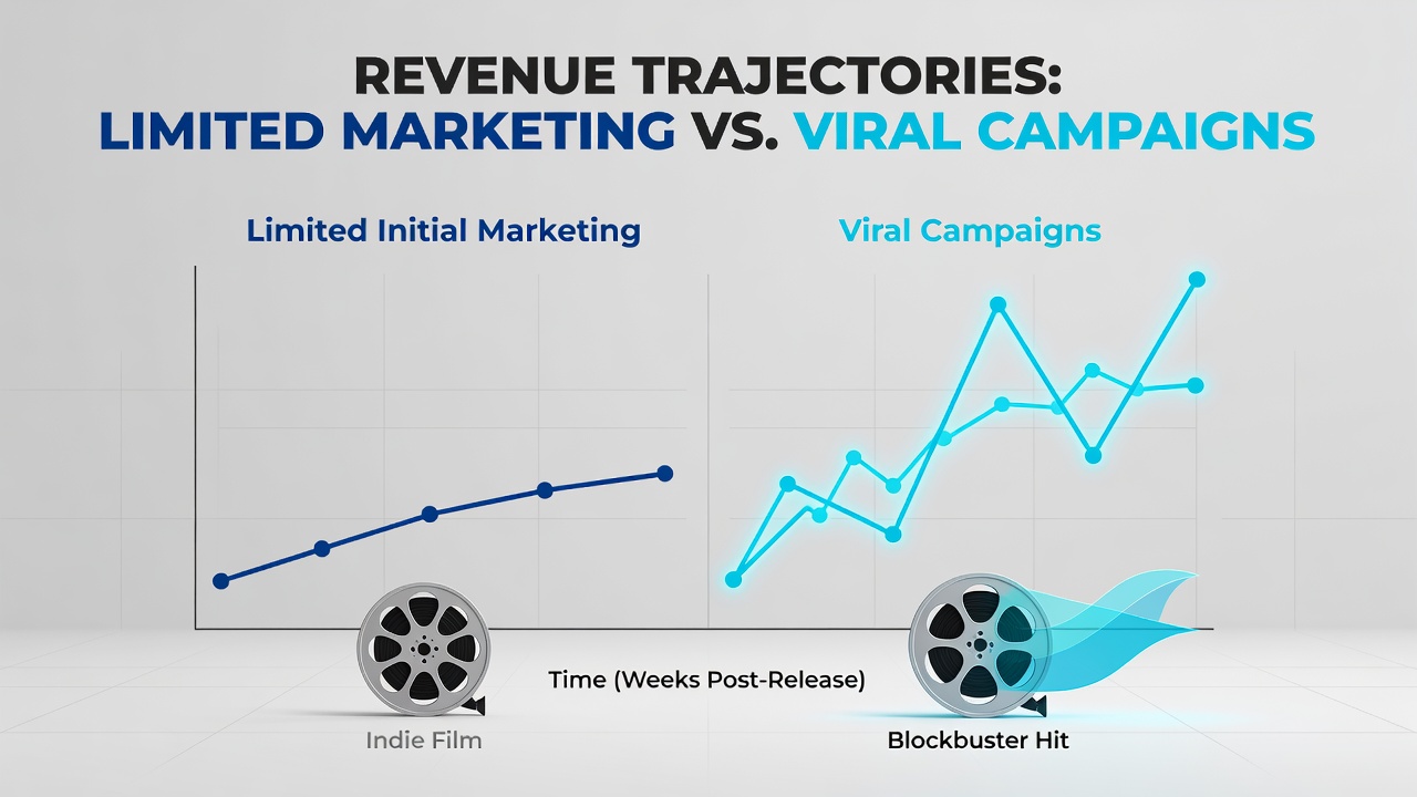 Graph showing revenue growth curves for films using limited marketing versus those with viral campaigns over time