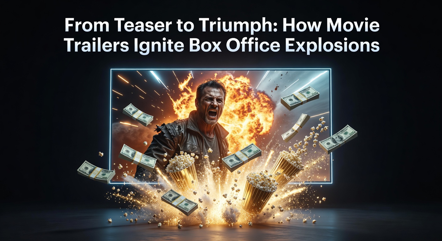 Explosive movie trailer scene with crowds cheering in a theater, capturing the hype of blockbuster previews