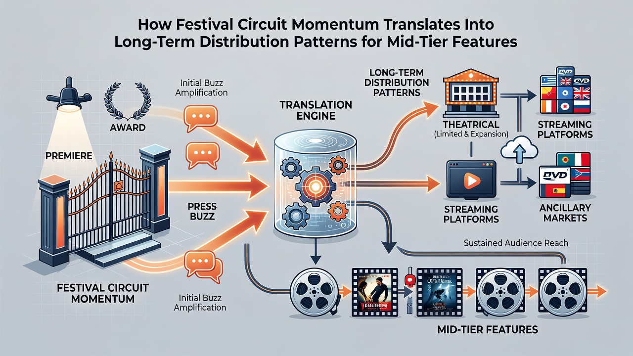 Distribution executives reviewing mid-tier film metrics at an industry event