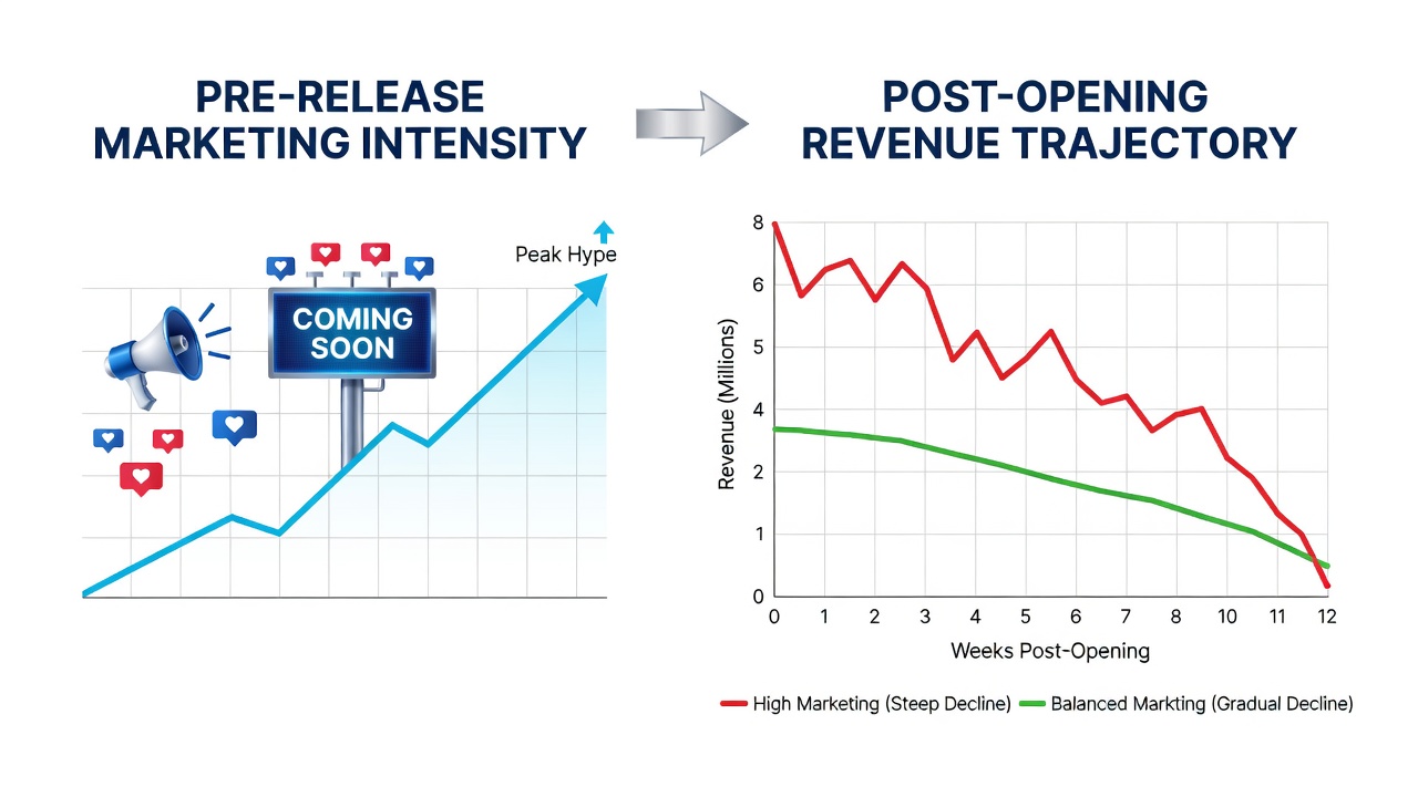 Analysis of pre-release marketing materials displayed alongside box office charts showing revenue patterns