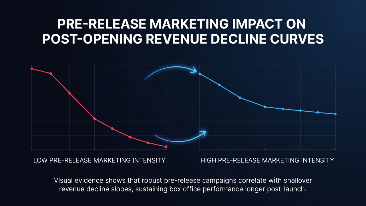 Box office decline curve graphs overlaid with marketing timeline markers for major film releases