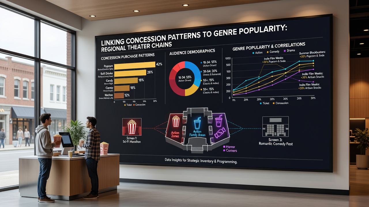 Theater patrons selecting snacks at a concession counter during a busy evening screening of a popular genre film