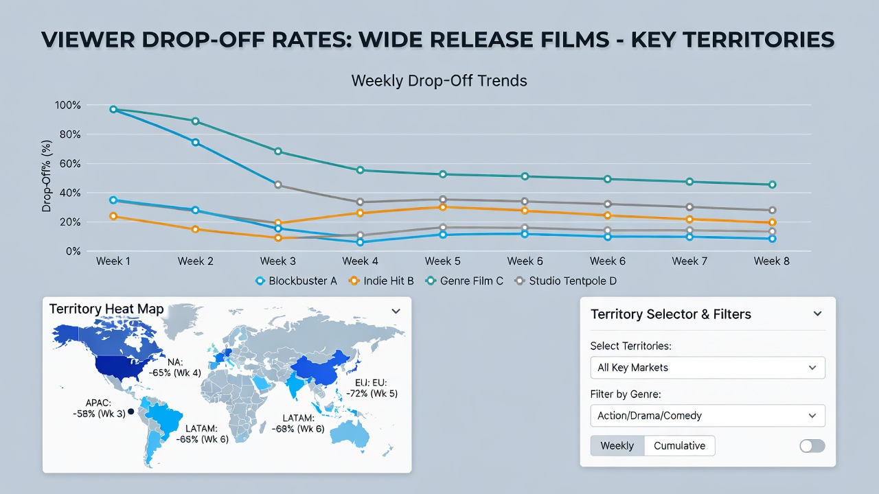 Graph illustrating successive week retention rates for films in US, Europe and Asia markets