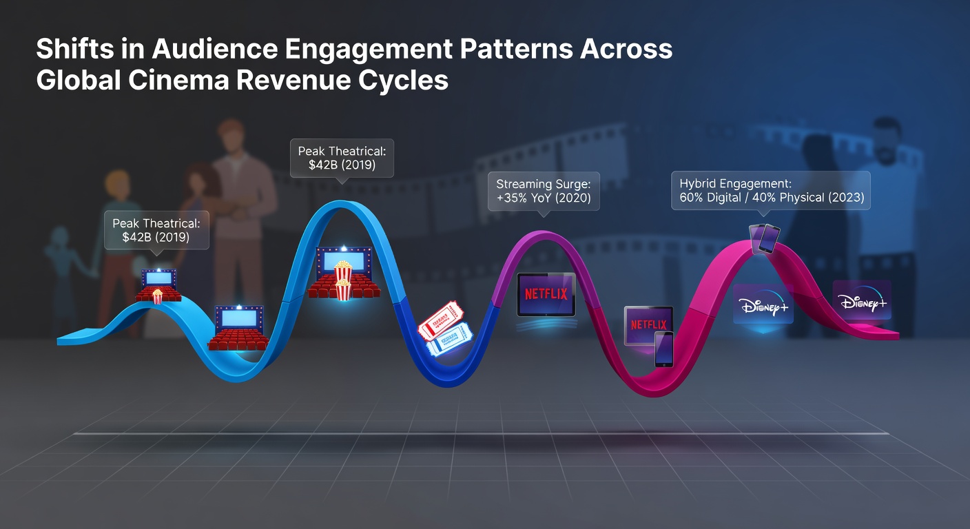 Visual representation of shifting audience engagement patterns in global cinema revenue cycles showing diverse theater crowds and digital viewing trends