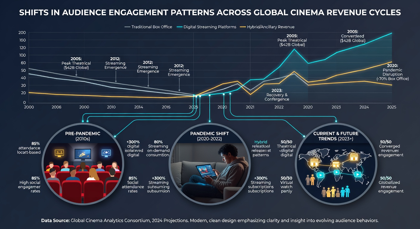 Chart illustrating audience interaction trends during global cinema revenue fluctuations with emphasis on 2026 data points