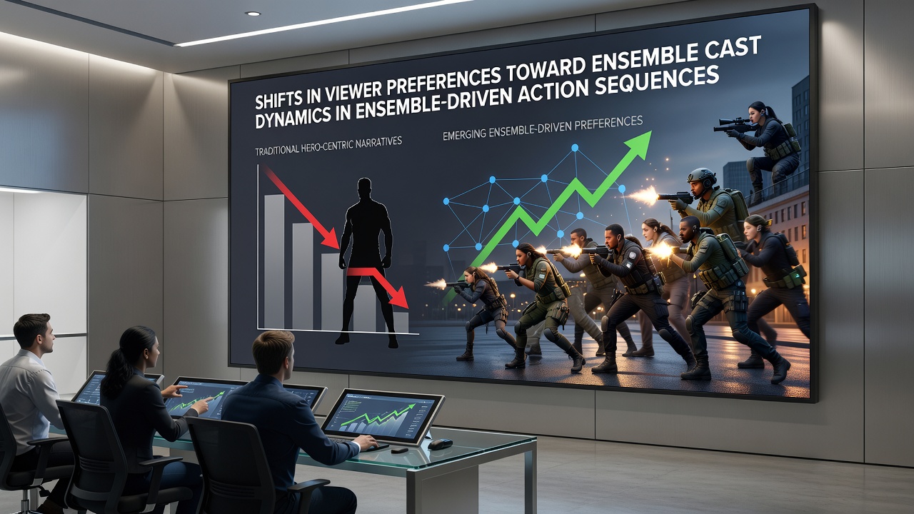 Behind-the-scenes view of multiple actors rehearsing a coordinated action sequence on a film set