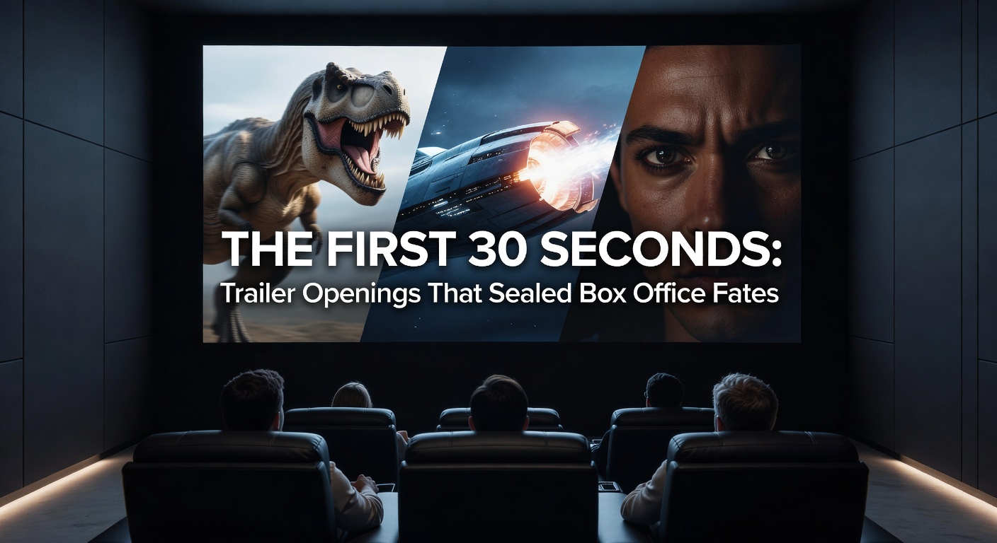 Split-screen comparison of a thrilling trailer hook from Jaws fading into Jurassic Park's iconic roar, highlighting split-second audience capture