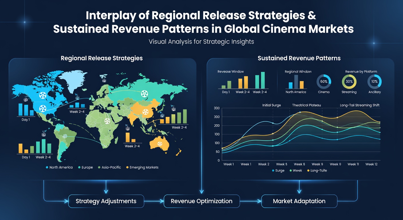 Global cinema distribution map showing staggered release dates across continents and revenue flow patterns
