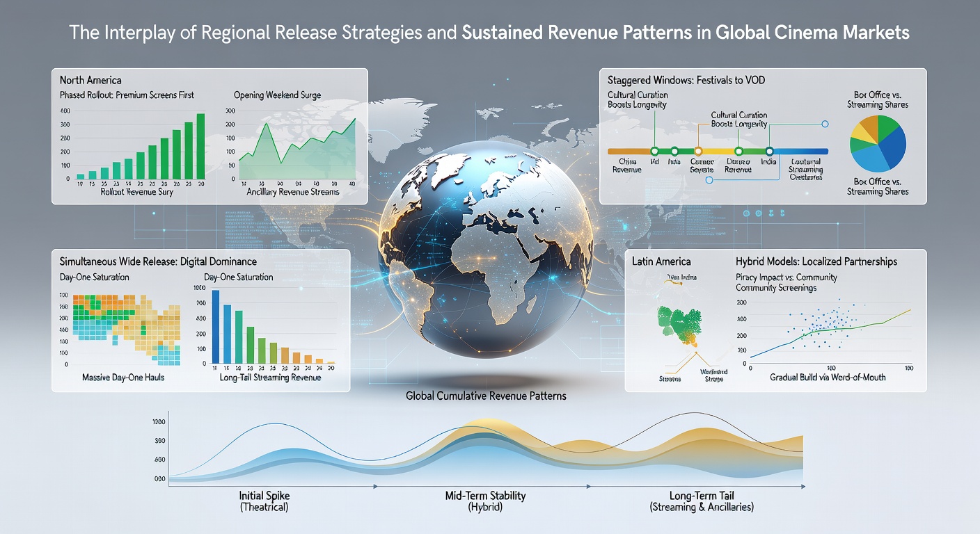Box office chart illustrating revenue curves for films with staggered versus simultaneous global releases