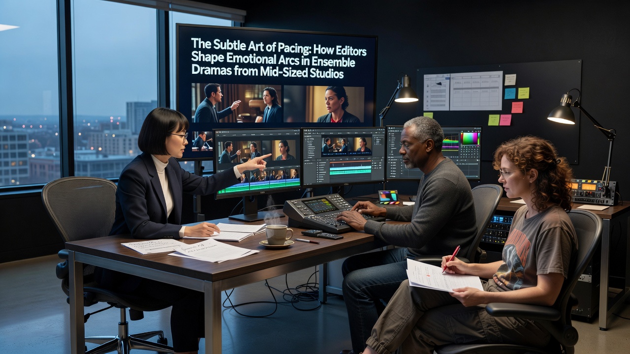 Film editor reviewing footage on a timeline during post-production for an ensemble drama