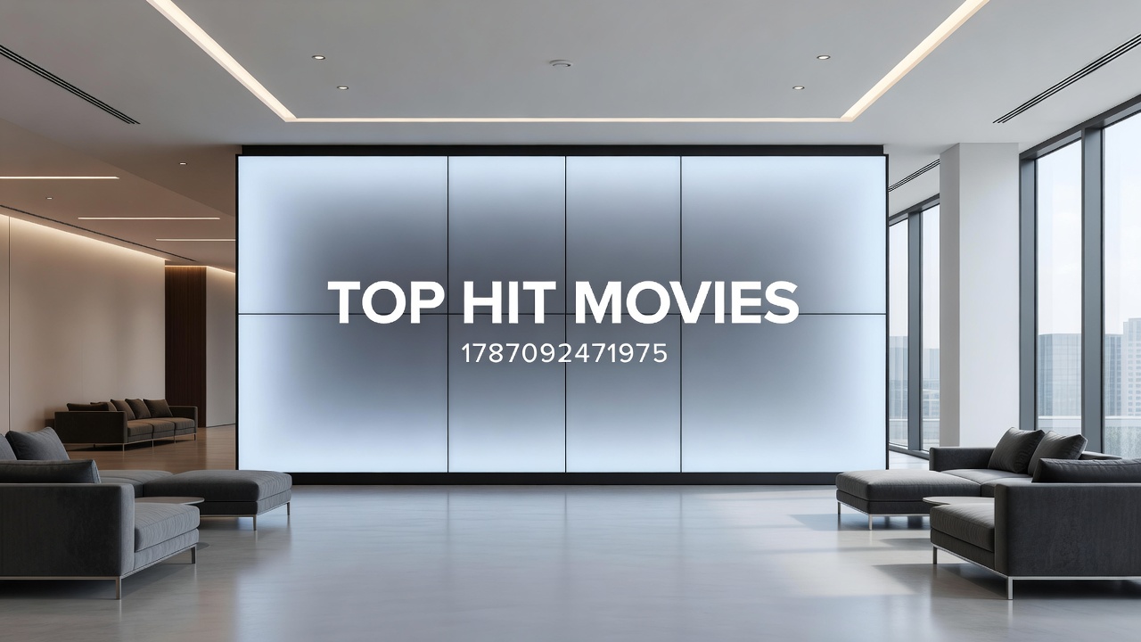Movie theater lobby with posters of current top releases and ticket counters