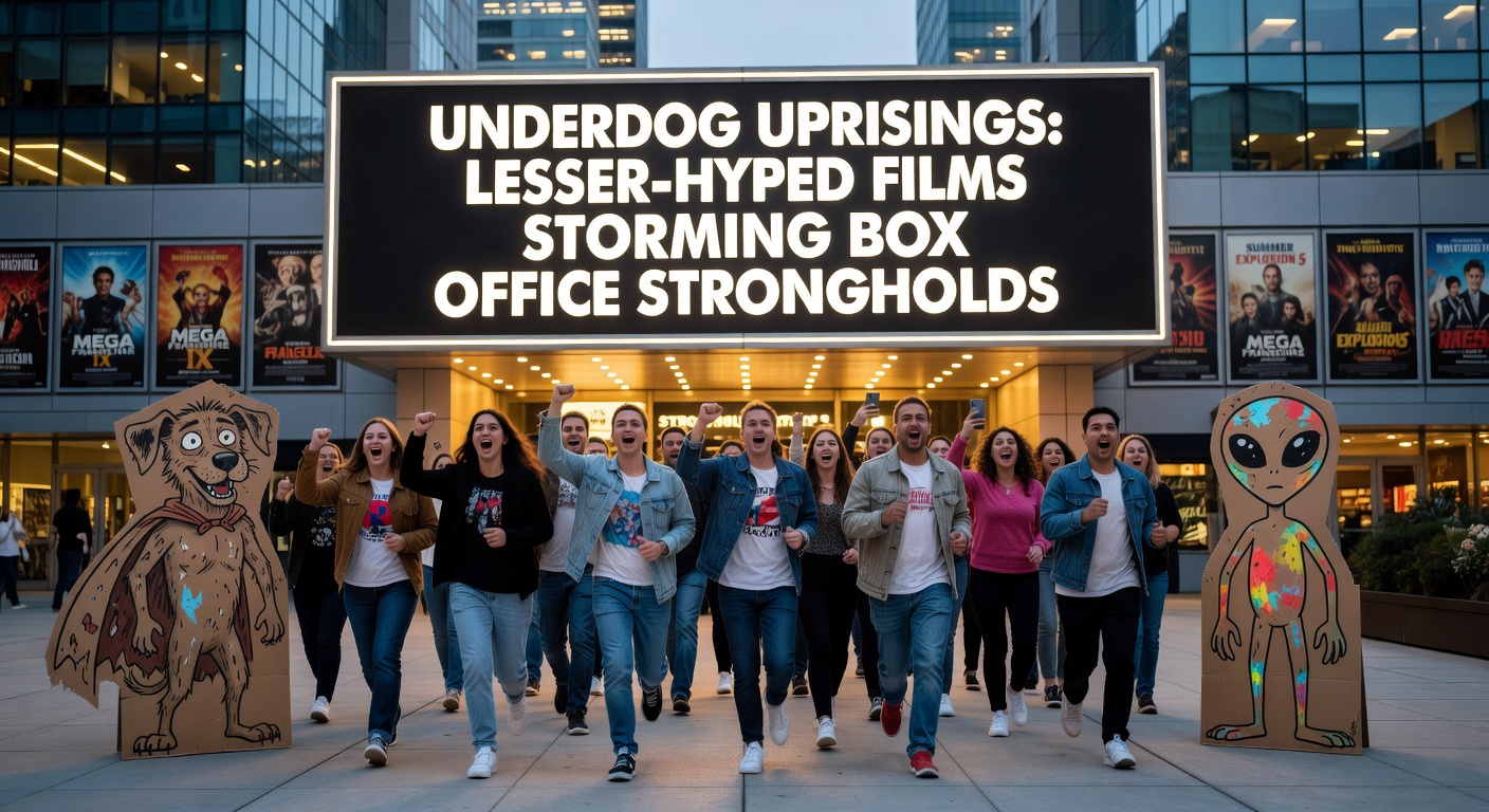 A cinematic poster showcasing a dimly lit theater packed with surprised audiences cheering for an unexpected box office smash