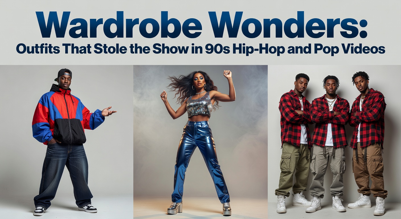 Vibrant 90s hip-hop ensemble featuring baggy jeans, oversized hoodie, and chunky sneakers from a classic music video