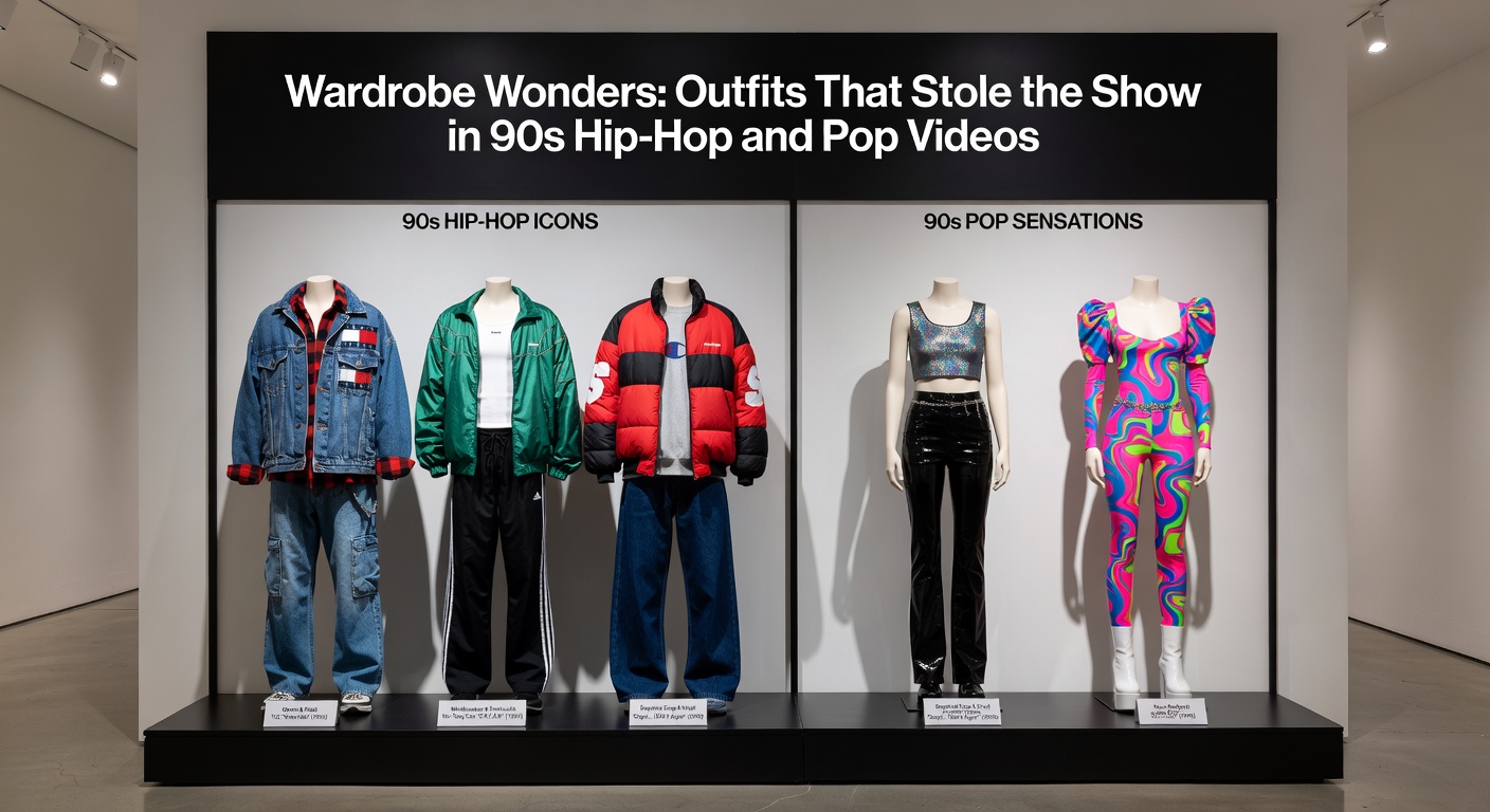 Pop diva in glittering mini-dress and knee-high boots striking a pose amid colorful video set pieces from a 90s smash hit